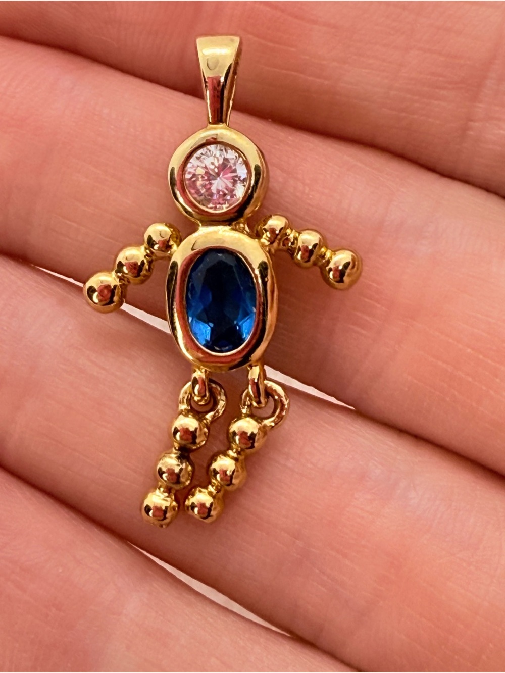 Gold over Sterling Silver Blue and Clear Gemstone Doll Pendant Necklace